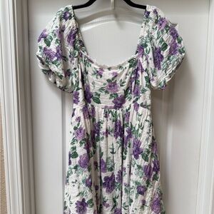 Altar'd State White Floral dress with Purple flowers & Green leaves